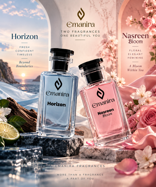 Two Emanira fragrances, Horizon in clear blue glass and Nasreen Bloom in pink glass, displayed on a dark stone surface with roses, flowers, and a scenic background.